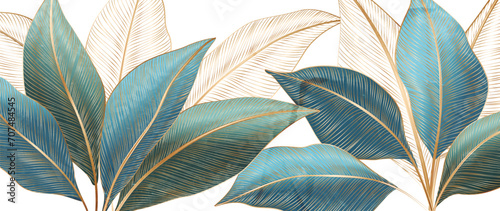 Luxury abstract art background with blue and green tropical leaves with golden line art elements. Botanical banner with exotic plants for decoration, wallpaper, poster, interior.