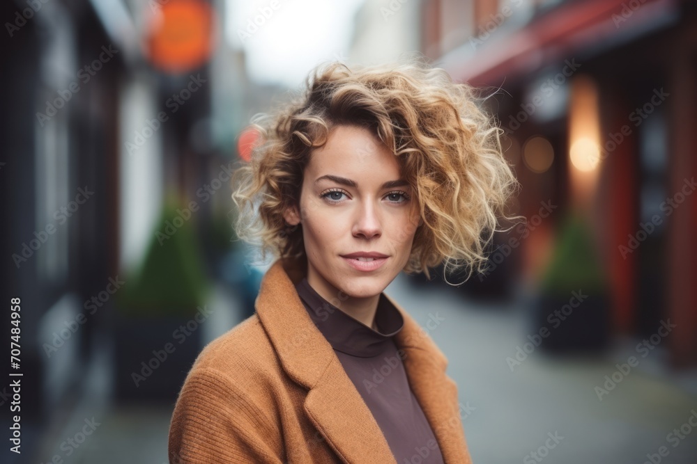 Portrait of beautiful young woman with curly hair in coat on the street