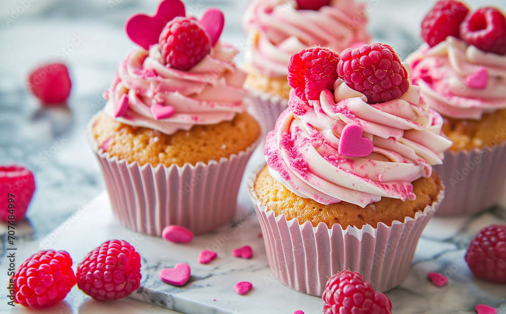 Vibrant vanilla cupcakes are topped with pink frosting, fresh raspberries, and candy hearts, set against a marble surface with scattered heart decorations.