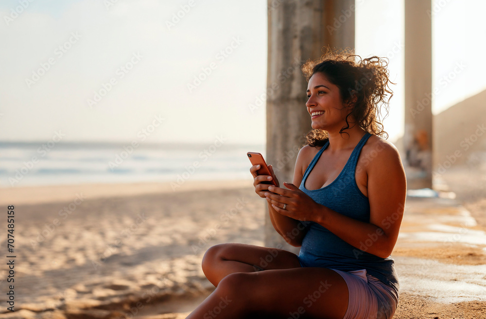 Smiling woman using smartphone on sunny beach