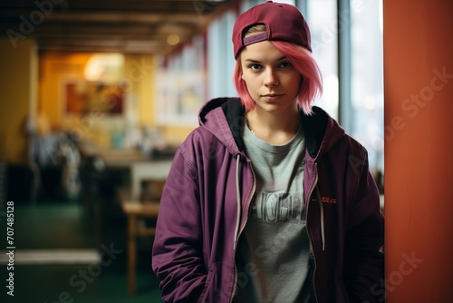 Portrait of a beautiful girl with pink hair in a cap and a jacket.