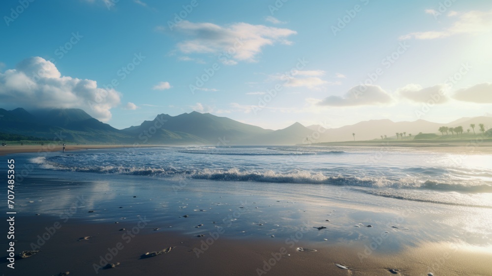 Hokkaido beach at daybreak, with the soft glow of the rising sun casting long shadows on the untouched sands  -Generative Ai
