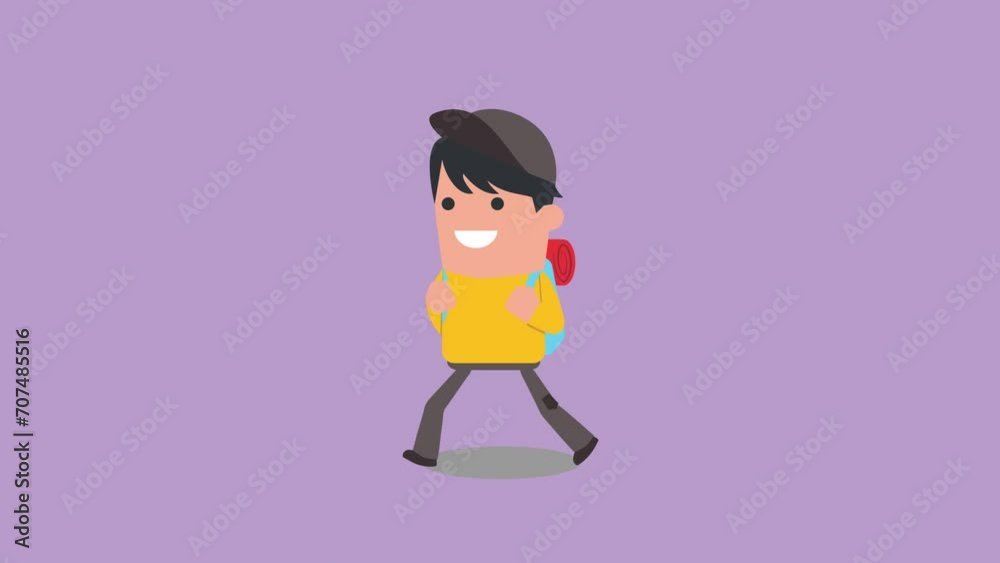 Animation walking of a young boy hiker with a blue backpack, prepared to explore an adventure in nature Animation walking of a young boy hiker with a blue backpack, prepared to explore an adventure in nature