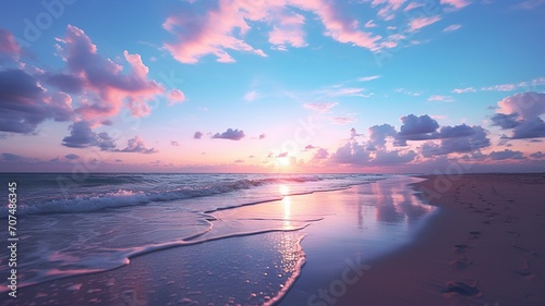 Hokkaido beach at sunset, with the sky ablaze in hues of orange and pink, casting a warm glow on the sand -Generative Ai 