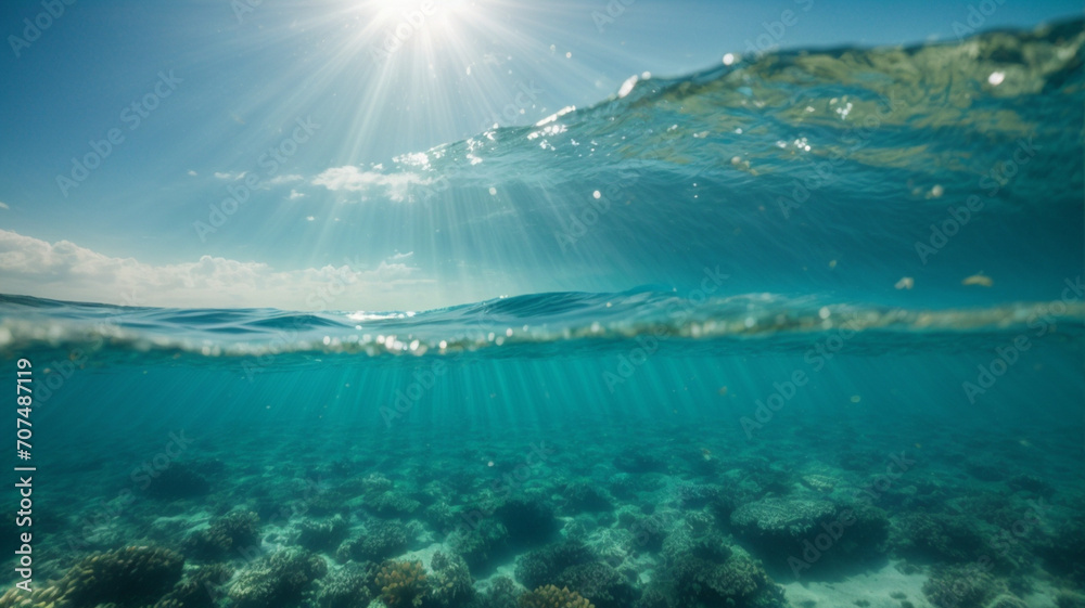 Underwater view of sea water surface with sun rays and blue sky. High quality photo Underwater view of sea water surface with sun rays and blue sky. High quality photo