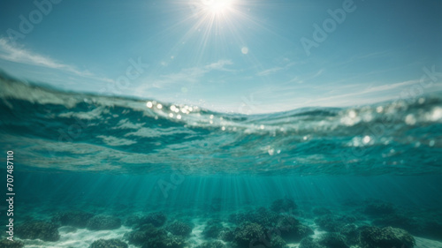 Underwater view of sea water surface with sun rays and blue sky. High quality photo © anandart