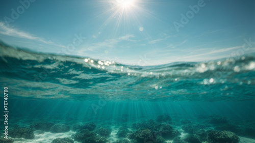 Fototapeta Naklejka Na Ścianę i Meble -  Underwater view of sea water surface with sun rays and blue sky. High quality photo
