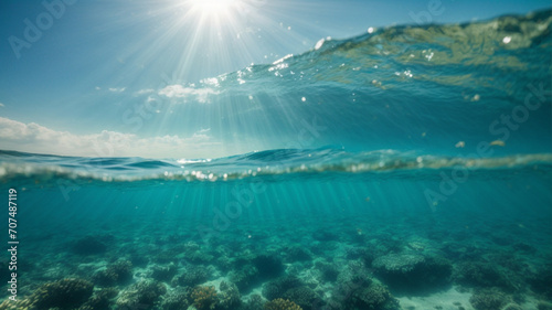 Underwater view of sea water surface with sun rays and blue sky. High quality photo