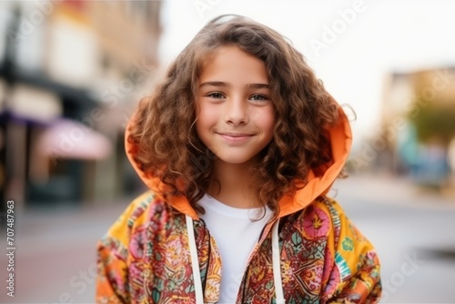 Portrait of a beautiful young girl with curly hair in the city