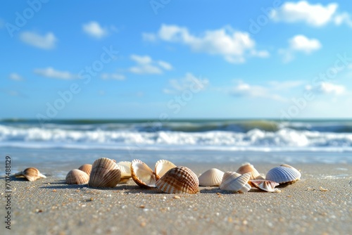 close-up   low-angle shot of Seashells scattered on a sandy beach  with the gentle waves and blue sky in the backdrop  convey a sense of summer relaxation and the simple joy of beachcombing.