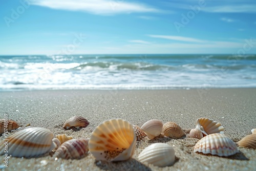 close-up & low-angle shot of Seashells scattered on a sandy beach, with the gentle waves and blue sky in the backdrop, convey a sense of summer relaxation and the simple joy of beachcombing.