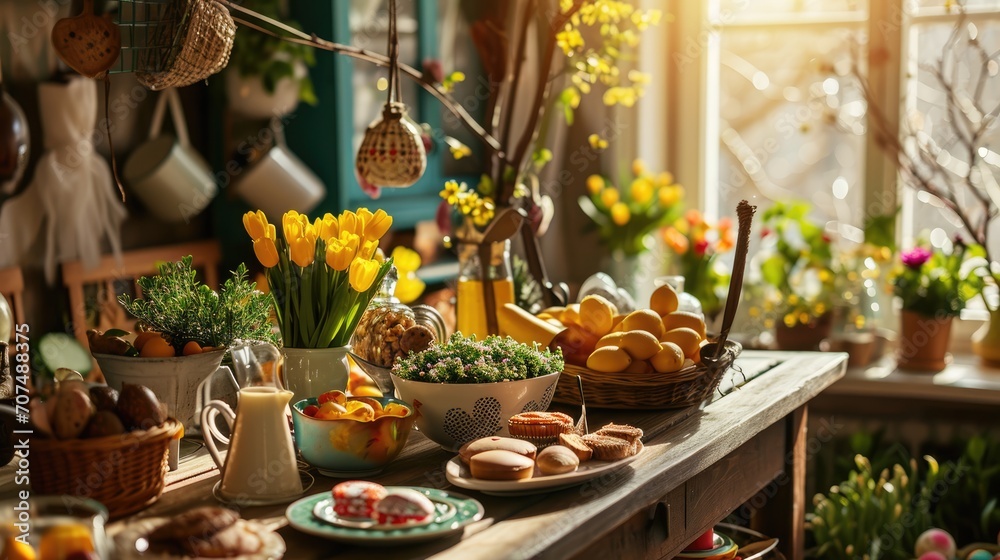 Happy Easter celebration dinner full of foods on table and flower arrangement decoration in cozy house, dining party indoors in holiday greeting season in restaurant, food background with copy space