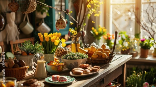 Happy Easter celebration dinner full of foods on table and flower arrangement decoration in cozy house  dining party indoors in holiday greeting season in restaurant  food background with copy space