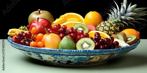 Bowls contain fruits such as kiwi  grapes  oranges and pineapple on black background.