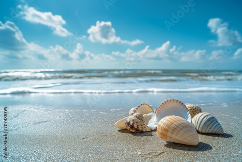 close-up & low-angle shot of Seashells scattered on a sandy beach, with the gentle waves and blue sky in the backdrop, convey a sense of summer relaxation and the simple joy of beachcombing. © Kuo
