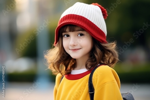 portrait of a cute little girl in a warm hat, outdoor shot © Inigo