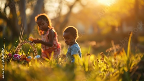 Group of adorable African American children enjoy hunting Easter eggs game in spring field leisure outdoors, bonding relationships friends kids boy and girl happy playing together, egg hunt activities © Rakchanika