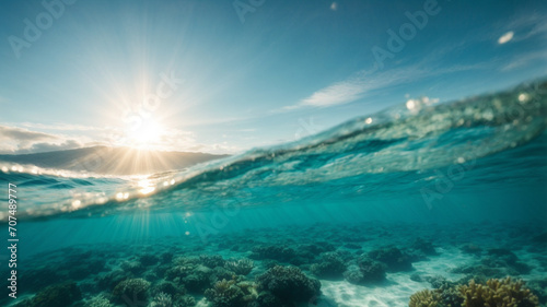 Fototapeta Naklejka Na Ścianę i Meble -  Underwater view of sea water surface with sun rays and blue sky. High quality photo