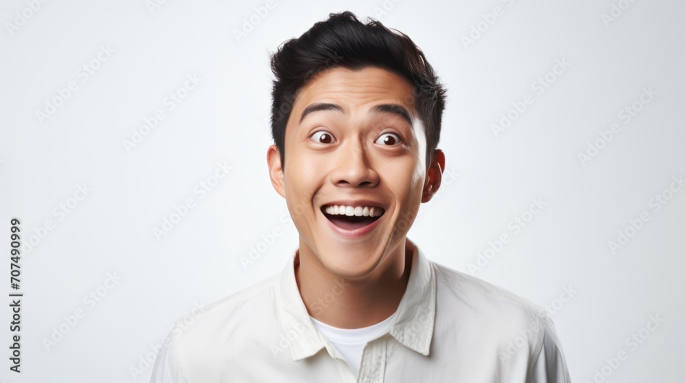 A Wow and surprised face Asian man in white t-shirt with hand point on empty space on a white isolated transparent background. A Wow and surprised face Asian man in white t-shirt with hand point on empty space on a white isolated transparent background.