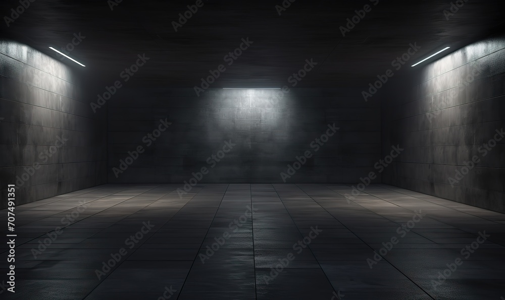 an empty room with black walls with lights shining from above. generative AI