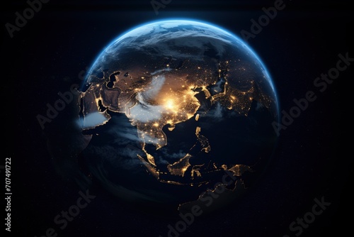 An image of Earth seen from space, clearly showing the division between the illuminated part and the part in darkness. This image would highlight the rotation of the Earth - generative ai