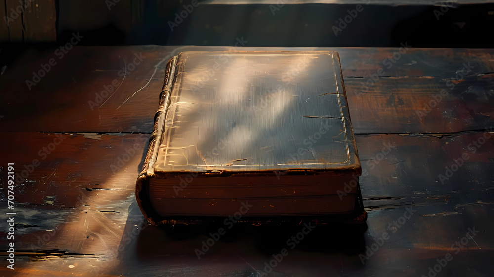 A closed antique book on a table