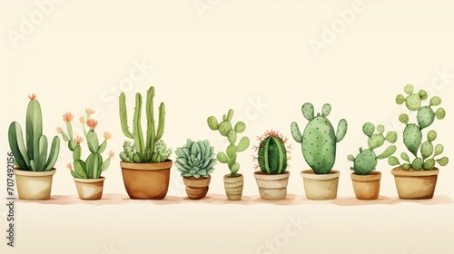 A watercolor style  minimal cartoon illustration of different cactuses  green  craft paper.