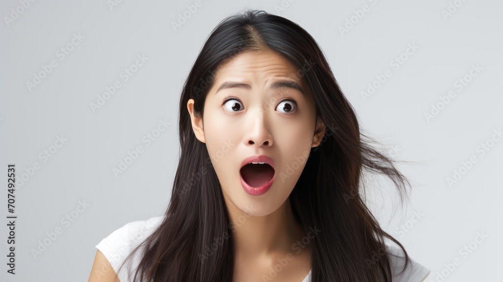 A Portrait of a beautiful Asian woman shocked on a white isolated transparent background. A Portrait of a beautiful Asian woman shocked on a white isolated transparent background.