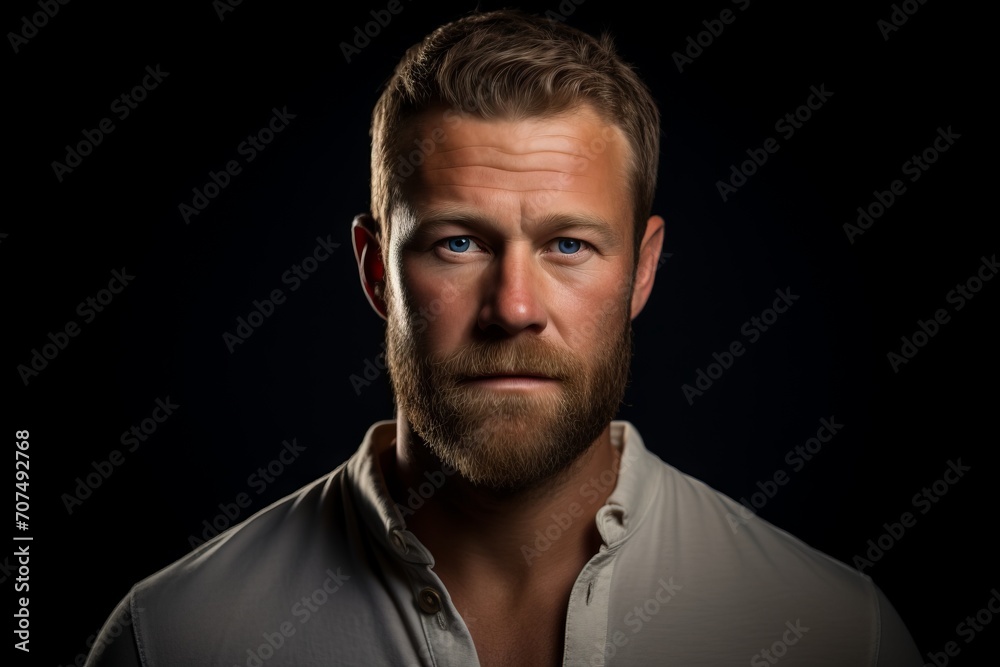 Portrait of a handsome young man with a beard on a black background.