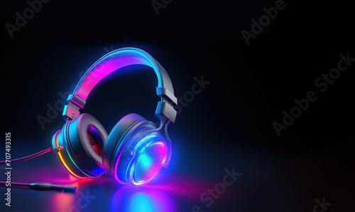 headphones with neon light effect on black background. generative AI