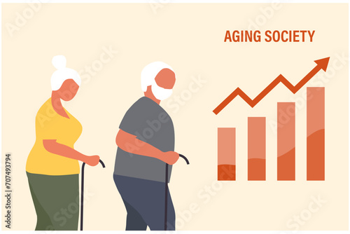 Aging society concept, world population aging because of low birth. Increasing senior elderly people vector illustration