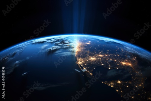 An image of Earth seen from space, clearly showing the division between the illuminated part and the part in darkness. This image would highlight the rotation of the Earth - generative ai