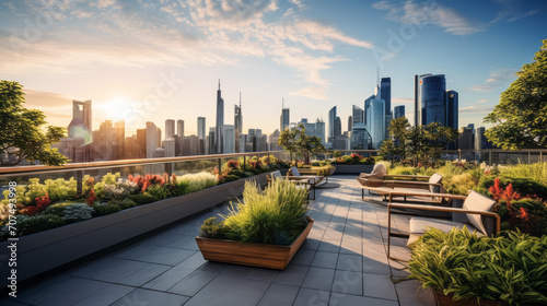 Serene rooftop terrace garden amidst bustling cityscape at dawn