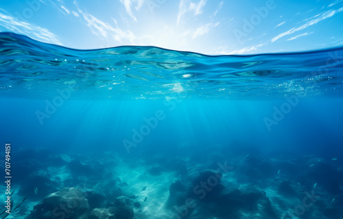 Crystal clear ocean waters with sun rays and marine life below © thodonal
