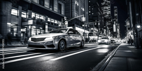 Silver sedan driving in city night lights