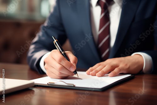 Businessman signing a contract with a pen in the office. Businessman doing paperwork. Generative AI