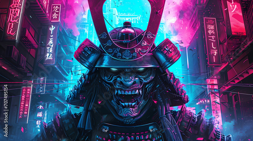 a samurai warrior's head in a cyberpunk