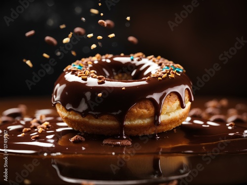 Chocolate glazed doughnut in studio lighting and background, cinematic food donut photography