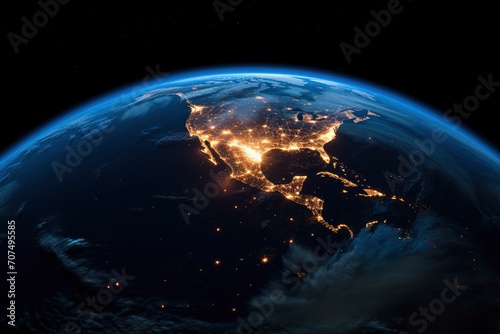 An image of Earth seen from space, clearly showing the division between the illuminated part and the part in darkness. This image would highlight the rotation of the Earth - generative ai © Nia™