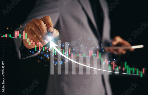 Investors set target analysis charts and global economic growth development graphs. Setting conceptual growth goals based on corporate valuation Correlation of investment plans in the stock market.