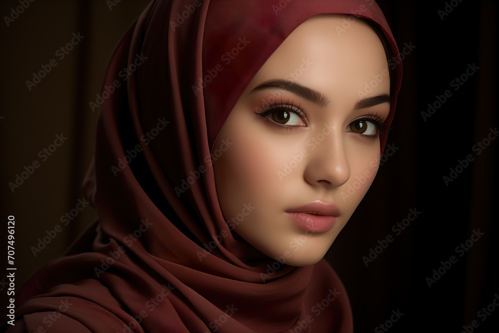 Portrait of pretty muslim girl wearing turban style hijab on dark background studio Portrait of pretty muslim girl wearing turban style hijab on dark background studio