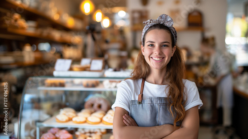Smiling woman posing at a doughnut shop looking at the camera