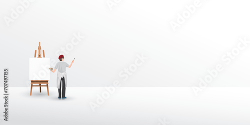 Man artist painting on blank canvas with blank space background flat design vector illustration.