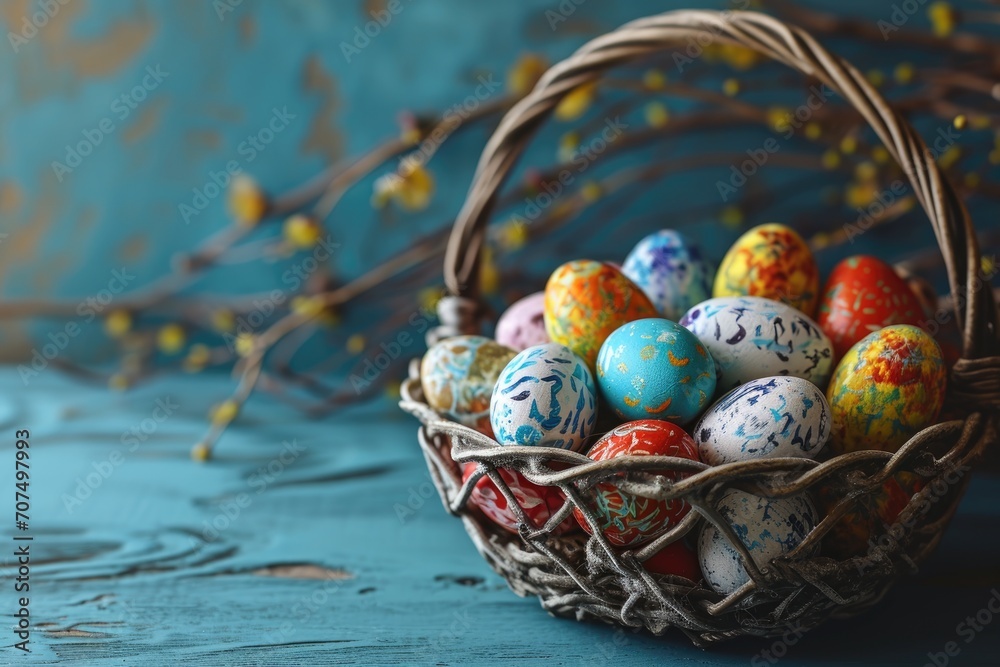 Easter eggs in basket with spring branches backdrop Easter eggs in basket with spring branches backdrop