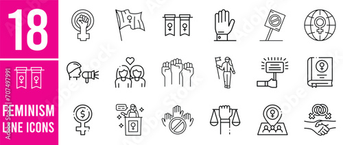 Line icons about feminism. Contains such icons as gender equality, women's rights and girl power.