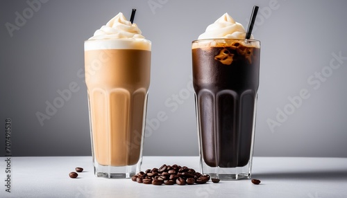 Tall Glasses of Black Ice Coffee and Ice Latte Isolated