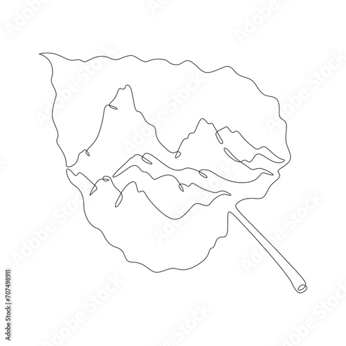 Mountain landscape on a tree leaf. High mountains. Mountain peak. Double exposure. Picture in picture.Continuous one line drawing. Lineart vector illustration.