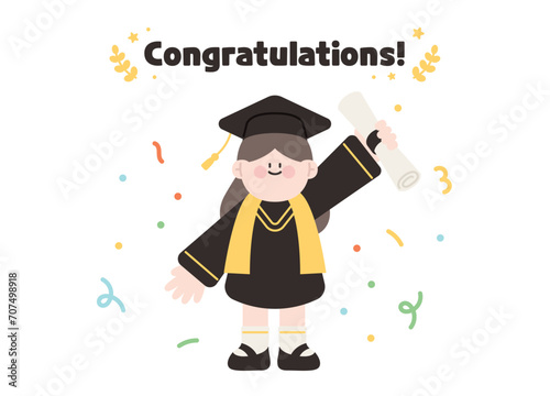 girl who wearing graduation robe on graduation day holding diploma