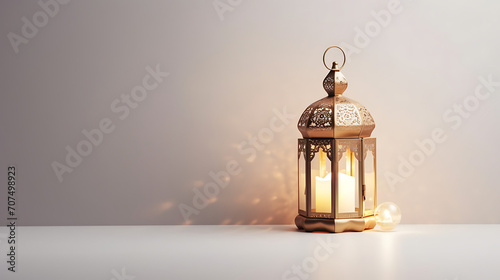 Elegant ramadan kareem lantern, white background, text copy space.