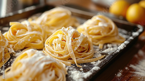 Fresh linguine pasta twirled on sheet pan 
